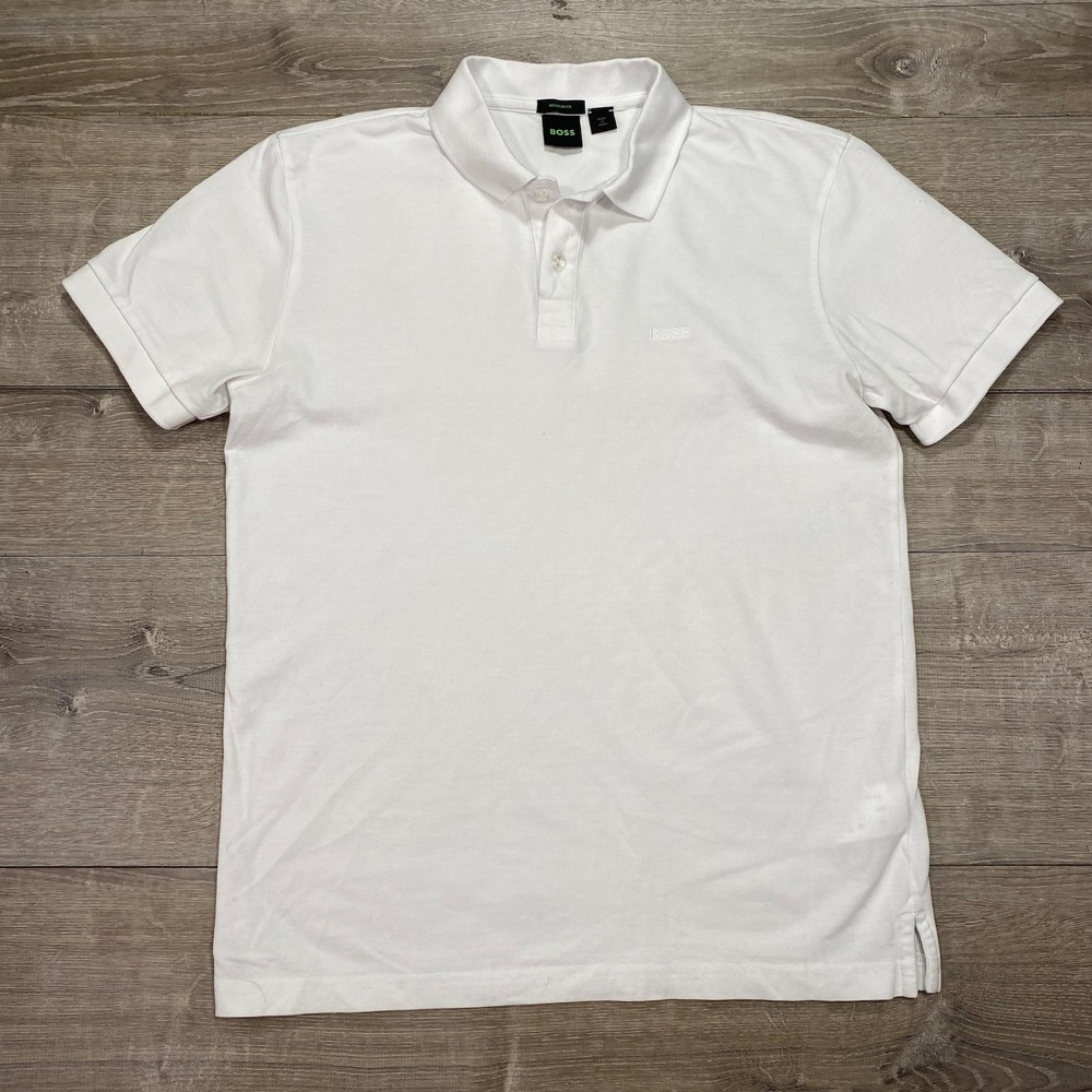 Boss Polo Shirt Mens M Paddie White Regular Fit‎ Pique Logo Short Sleeve Casual
